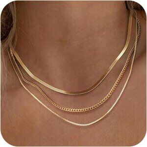 Freekiss Herringbone Gold Cuban+Box+Snake brass Necklace for Women